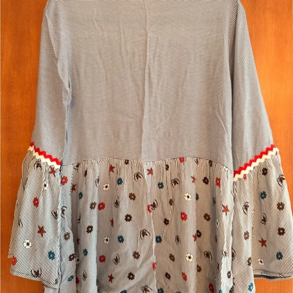 Desigual Blue Striped Top with Red Floral Accents - Picture 2 of 3